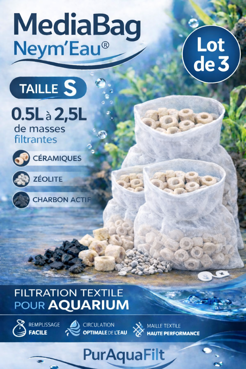 MediaBag PureAquaFilt Neym’Eau®  Sac filtrant textile pour masses filtrantes d’aquarium