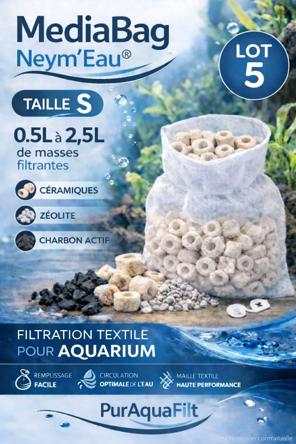 MediaBag PureAquaFilt Neym’Eau®  Sac filtrant textile pour masses filtrantes d’aquarium