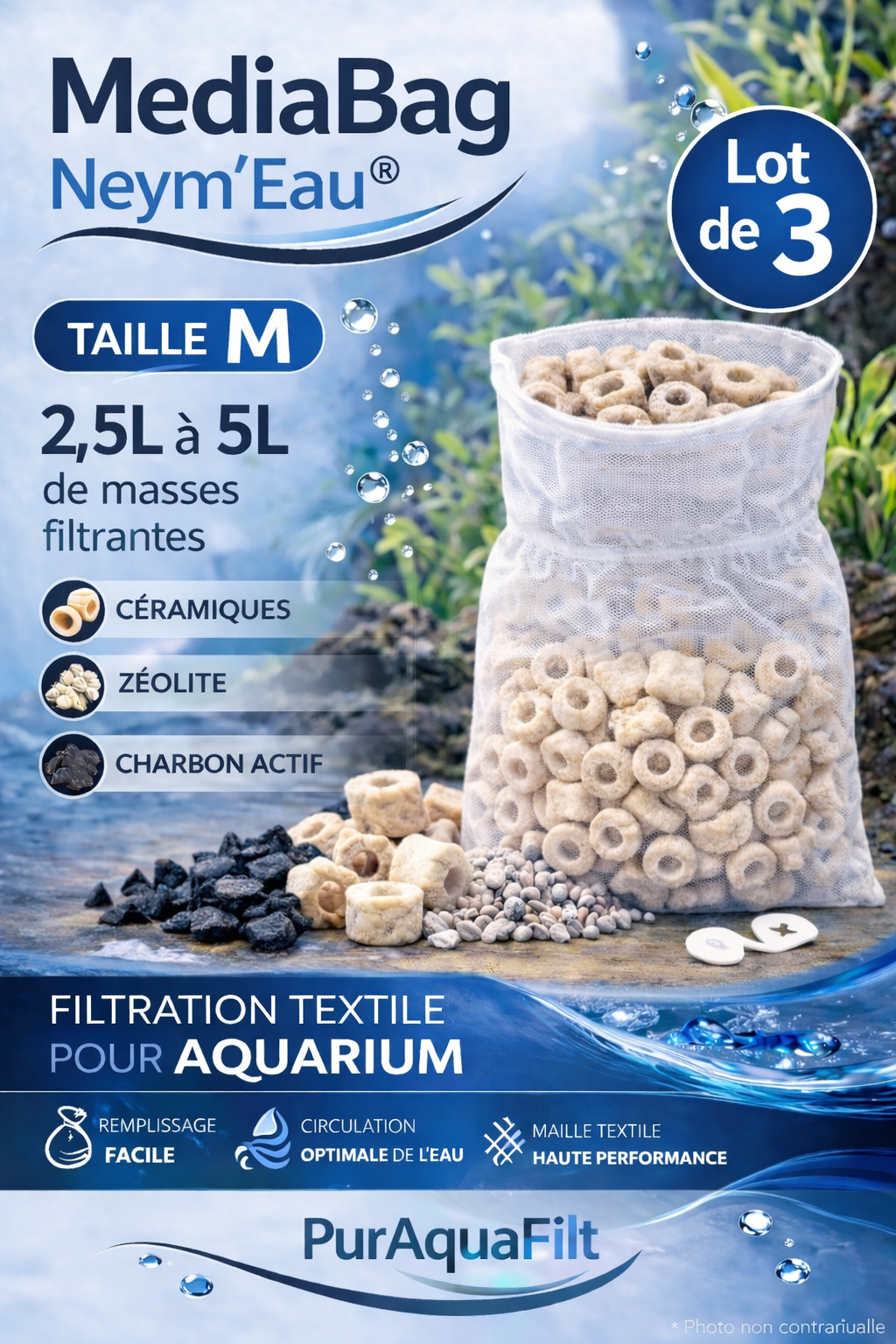 MediaBag PureAquaFilt Neym’Eau®  Sac filtrant textile pour masses filtrantes d’aquarium