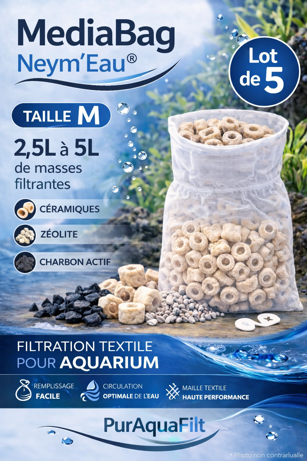 MediaBag PureAquaFilt Neym’Eau®  Sac filtrant textile pour masses filtrantes d’aquarium