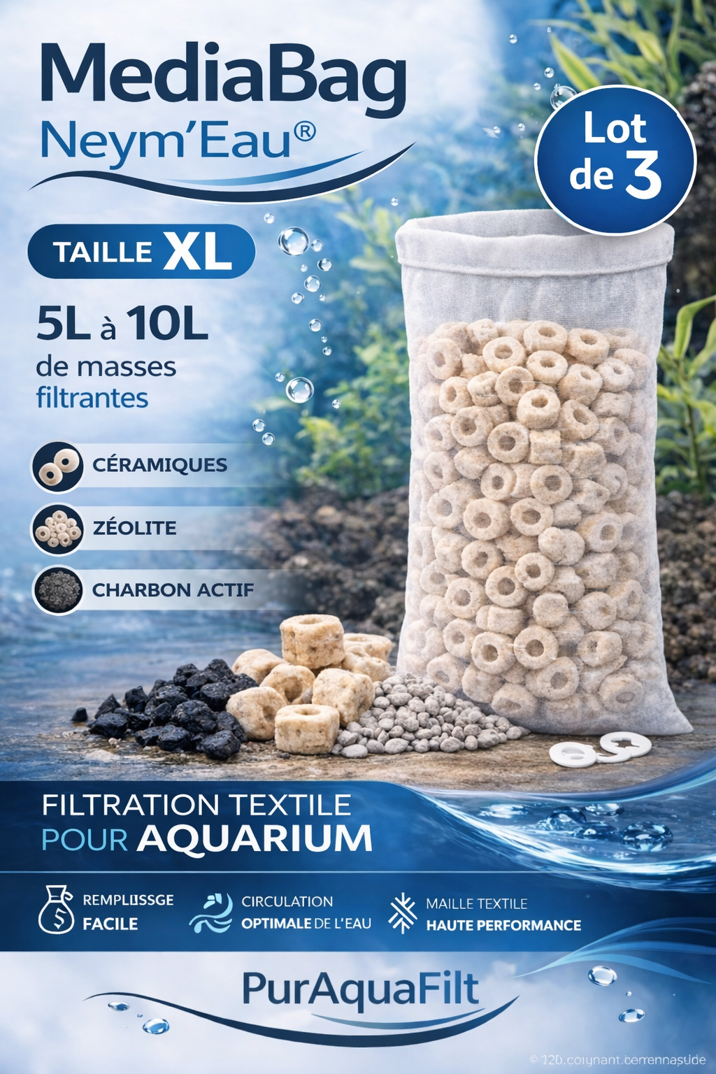 MediaBag PureAquaFilt Neym’Eau®  Sac filtrant textile pour masses filtrantes d’aquarium
