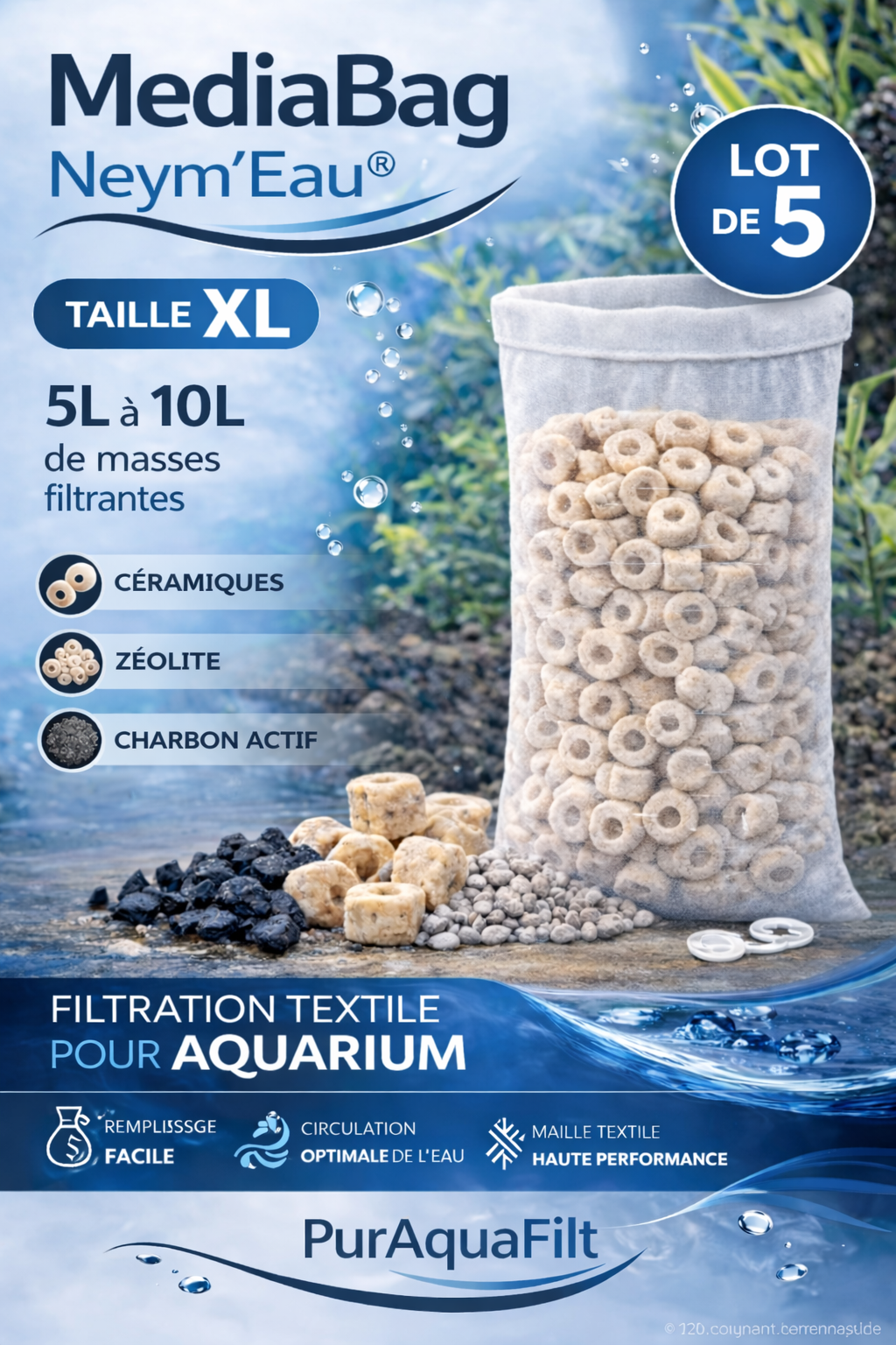 MediaBag PureAquaFilt Neym’Eau®  Sac filtrant textile pour masses filtrantes d’aquarium