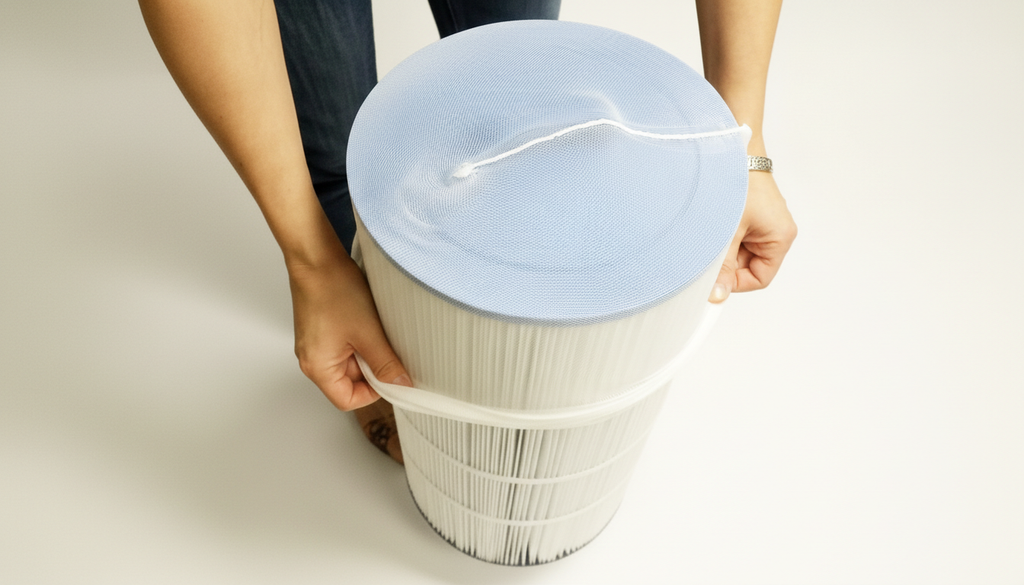 Installation de la chaussette filtrante PurAquaFilt sur une cartouche de filtration de spa