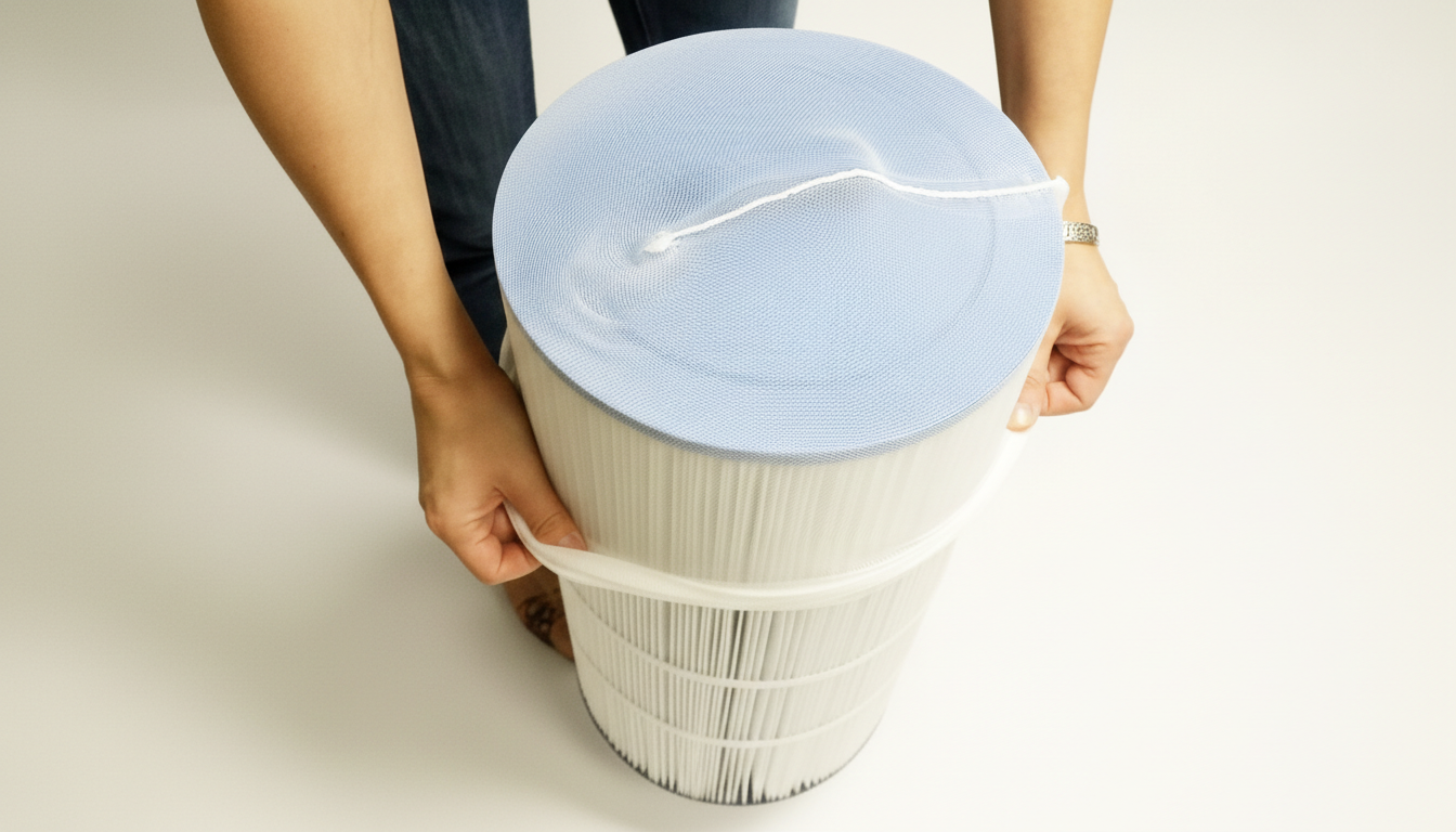 Installation de la chaussette filtrante PurAquaFilt sur une cartouche de filtration de spa