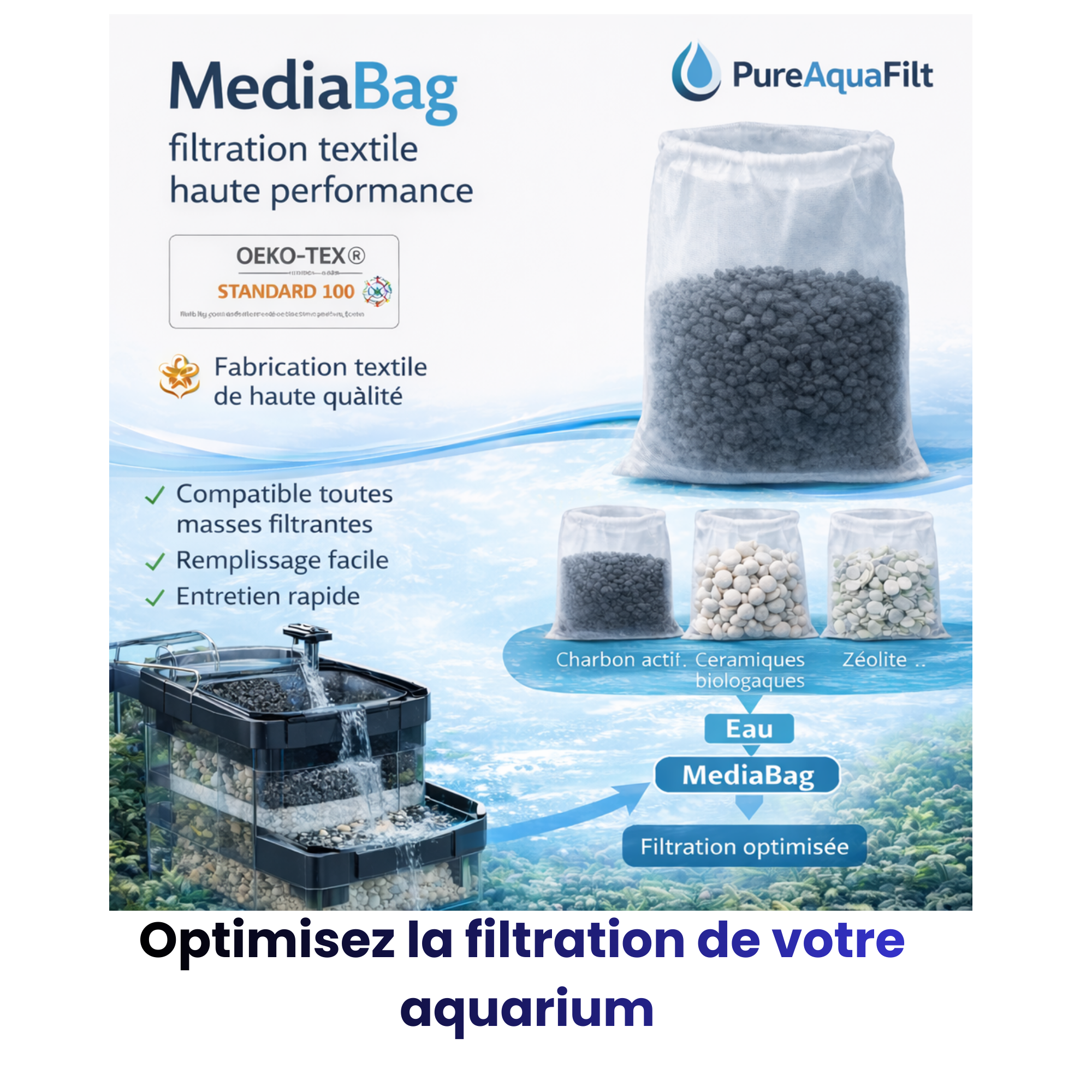 Sac filtrant aquarium PurAquaFilt MediaBag pour optimiser la filtration avec masses filtrantes charbon céramique et zéolithe pour une eau claire