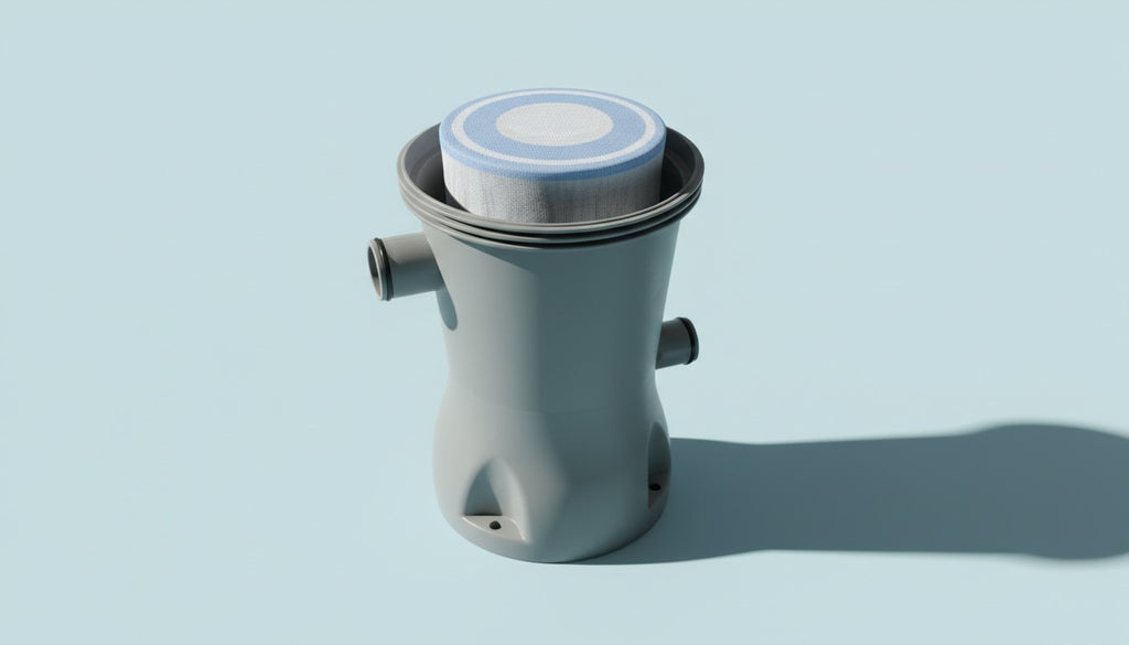 Préfiltre textile installé autour d'une cartouche de filtre piscine pour protéger les ailettes