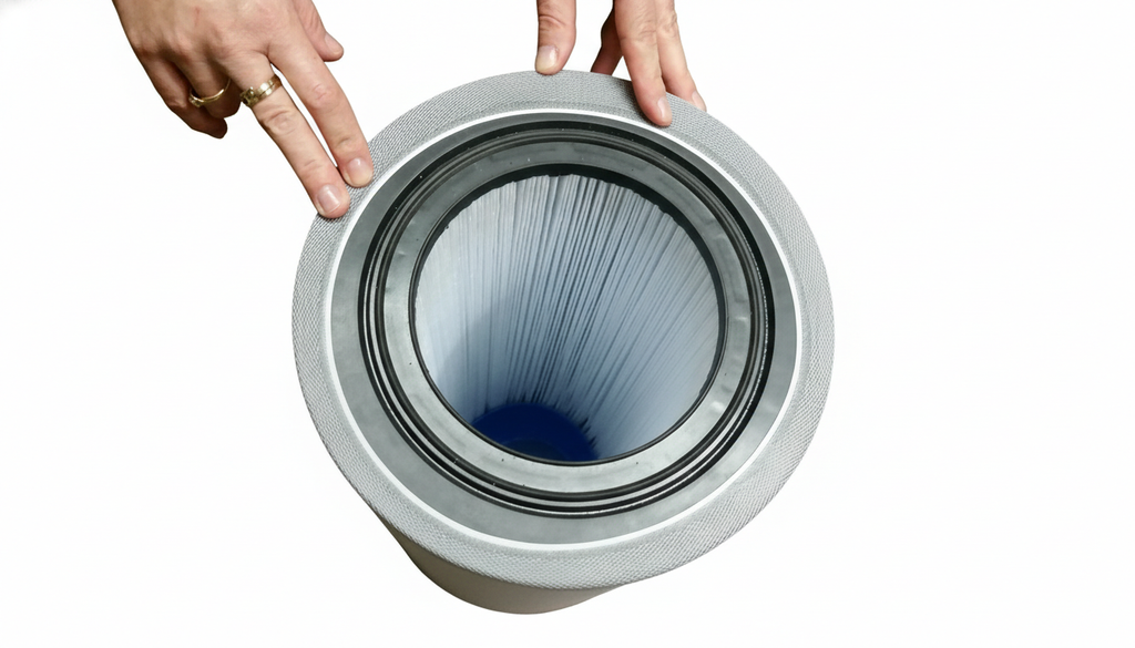 Préfiltre textile PurAquaFilt protégeant une cartouche de spa contre les micro-débris