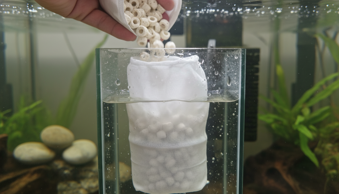 Sac filtrant aquarium PurAquaFilt en utilisation dans l’eau avec masses filtrantes pour filtration fine et eau claire