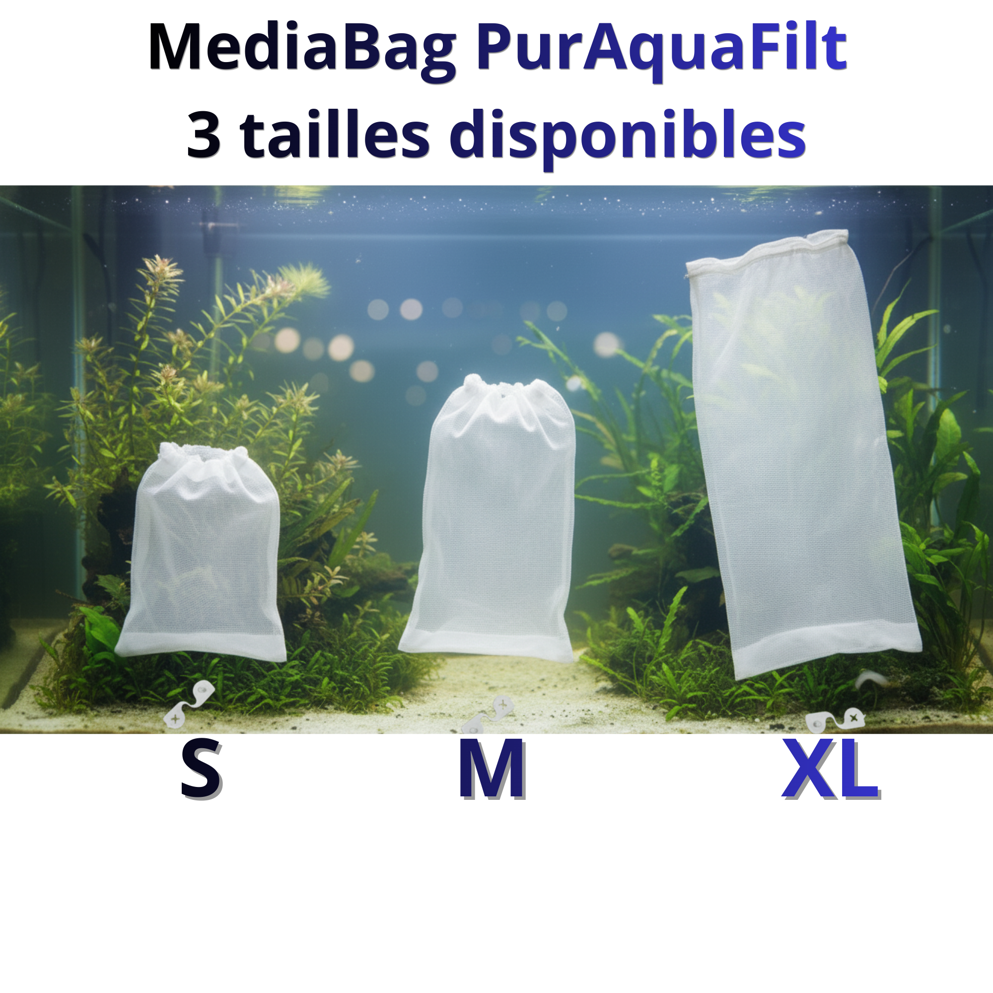Sac filtrant aquarium PurAquaFilt filtration fine pour eau claire masses filtrantes tailles S M XL